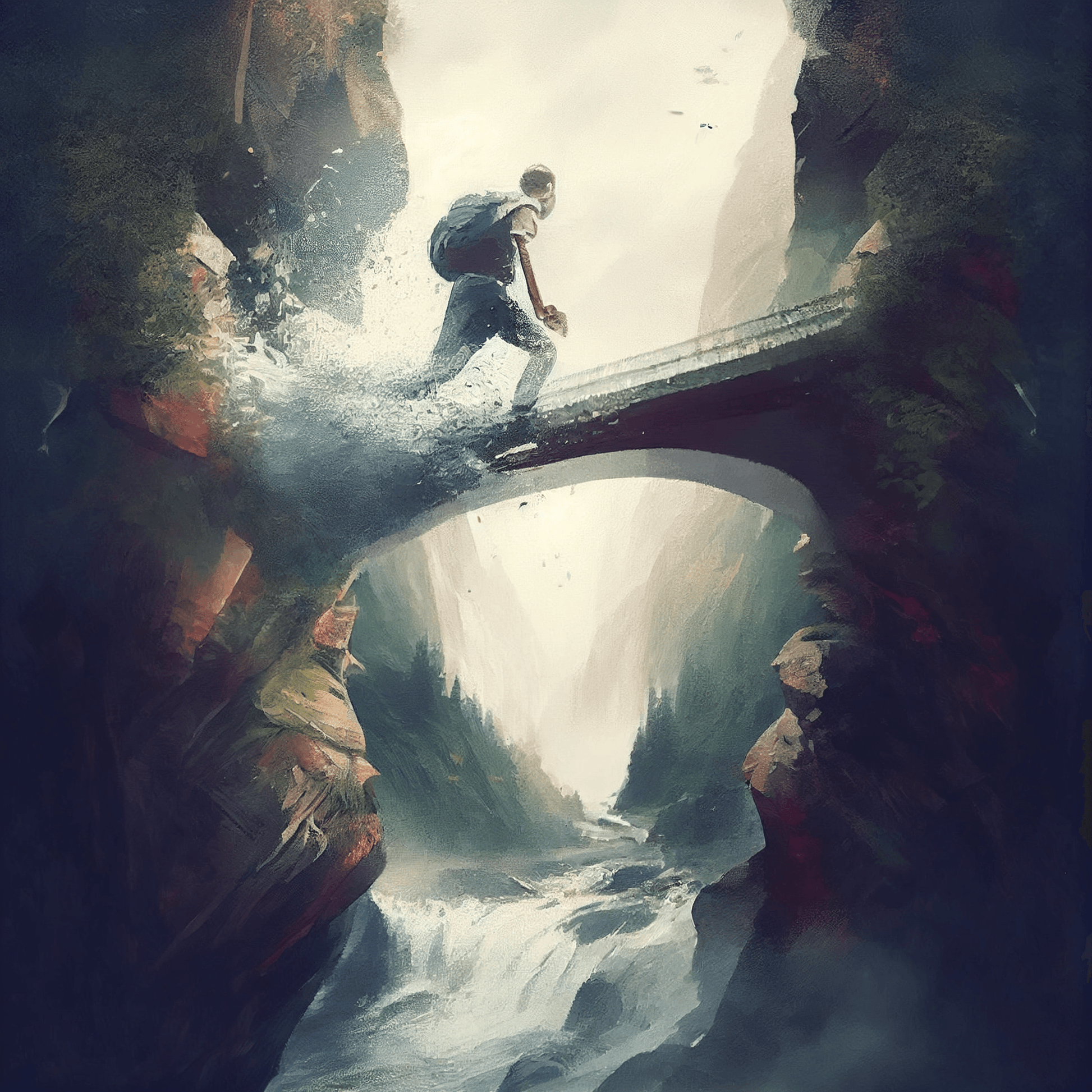 An incredible digital artwork that captures the dream of a mountain bridge surrounded by greenery and a magnificent waterfall. The feeling of flying down while suspended in the void, mixed with fear and adventure, makes this dream unforgettable. And if you're afraid of heights, don't worry, our artwork won't give you vertigo!