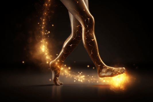 "Path of Life" is a digital image that depicts the legs and feet of a man walking with uncertain steps, aided by a warm orange glow that guides him along the way. The black background emphasizes the effort required to maintain balance and continue o