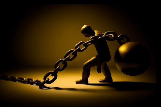 Power of Will is an extraordinary digital artwork from the "Midnight Journey" collection, showing an individual determined to find the strength to continue his journey despite the weight of life. The image features an orange background with an individual struggling to pull a chain over his shoulders.