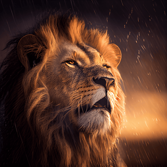 This stunning digital image of a lion up close was generated using advanced machine learning techniques, inspired by National Geographic photography. The image portrays a wise and melancholic lion immersed in a warm sunset while rain 