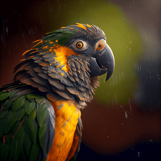Tropical Parrot in the Rain" is a digital painting that captures the beauty of the wild nature in a moment of heavy rain. The tropical parrot, in the foreground, is the undisputed protagonist of the image, with its bright-colored feathers that stand out against the blurred yellow and green shades of the landscape.