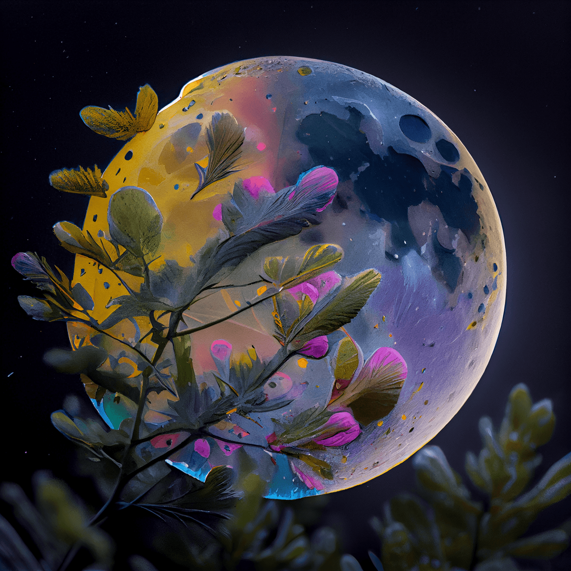 Moon and Purple Flowers" is a digital painting that captures the beauty of the night sky and nature. The moon, in the foreground, shines with its cold and mysterious light, while the plant with its purple flowers creates a sense of calm and serenity. 
