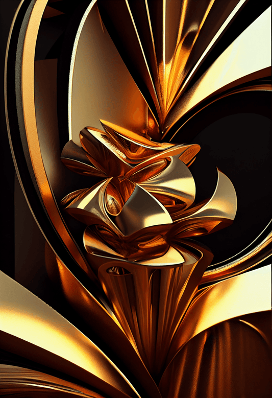 Add a touch of luxury to your home with this limited edition digital artwork. At the center of the image, there's a bow made of golden brass strips that shine like points of light, surrounded by a weave of golden bands on a black background. 