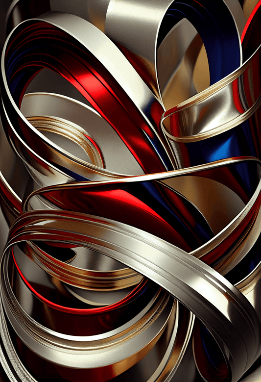 Add a touch of technology to your home with this unique digital image. The interweaving of silver strips, bordered by blue and red, represents the network of data that intertwines like a blossoming of metallic and shiny colors.