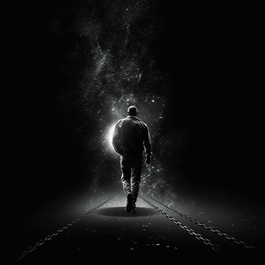 This black and white digital artwork depicts a man walking towards the light, with shades of light standing out between black and white. The image conveys a sense of inner strength and hope, even in the darkest moments. 