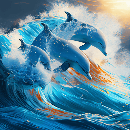 Dolphins in the Sea" is a digital painting that captures the beauty and majesty of dolphins in a unique style that combines watercolor and pen drawing. The image depicts three dolphins happily playing in the waves of a sea with blue and green shades. 