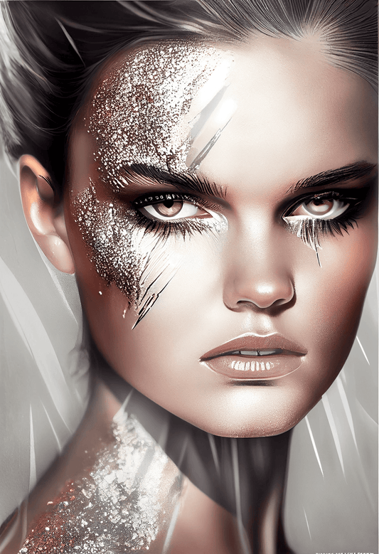 Add a touch of elegance to your home with this limited edition digital image. The face of a woman, coated in a shimmering silver glow and immersed in a sleek neutral background, represents the digital motet in its form of space that surrounds the human being. The silvered effect creates a sense of mystery and enchantment,