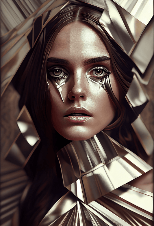 Add a touch of enigmatic allure to your home with this limited edition digital image. The beautiful face of a woman wrapped in a dress that appears to shield her with silver-plated brass bundles in a technological style is representative of the digital motet in its material form that envelops the human being in their everyday attire.