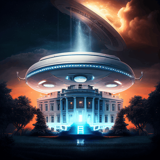 The image is a futuristic interpretation of the White House being abducted by aliens, with blue and orange colors predominating to emphasize the sense of alienation and detachment from our world. The  format is 8192*8192 dpi 70*70 cm 300dpi and features clean, sharp lines that emphasize the advanced technology of the aliens.