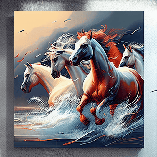 Add a touch of beauty and energy to your home or office with this stunning digital painting of horses galloping on the beach.Treat yourself a high-quality digital copy and admire every detail of the image with extraordinary clarity. This painting is perfect for those who love horses, nature, and modern art.