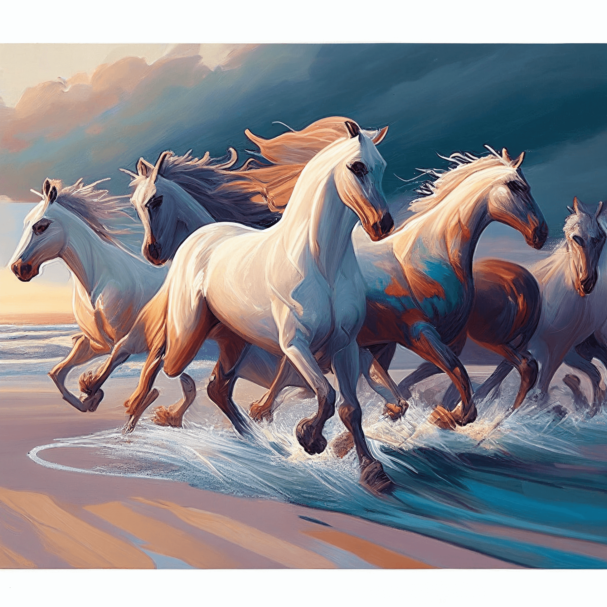 Description: Add a touch of beauty and energy to your home or office with this stunning digital painting of horses galloping on the beach. Download a high-quality digital copy and admire every detail of the image with extraordinary clarity. "Gallop on the Beach" is a perfect painting for those who love horses, nature, and modern art.