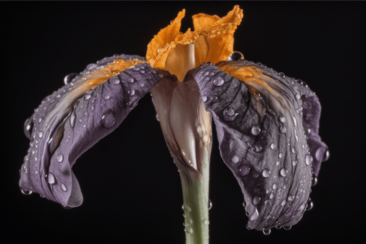The image defines an iris flower, in the foreground against a black background, at the first stage of flowering with the three downward-pointing leaves with shaded purple streaks already formed, while the orange bulb is almost ready to bloom with the other three leaves, which together define the typical icicle shape of the iris.