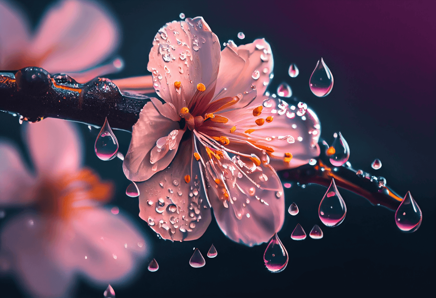 Add a touch of natural beauty to your home with this stunning image of a peach branch with a flower in the foreground, captured with a telephoto lens to highlight the finest details. The blurred background divided into two parts creates a unique and romantic atmosphere, with vivid colors streaked with violet and orange that capture the attention. 