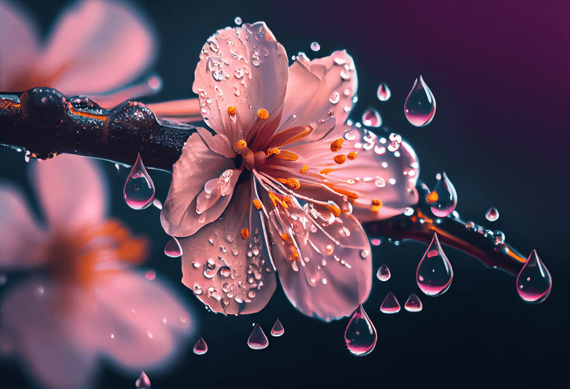 Add a touch of natural beauty to your home with this stunning image of a peach branch with a flower in the foreground, captured with a telephoto lens to highlight the finest details. The blurred background divided into two parts creates a unique and romantic atmosphere, with vivid colors streaked with violet and orange that capture the attention. 