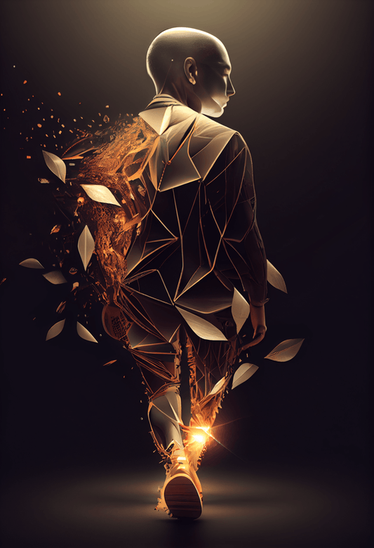 The Way of Rebirth is a captivating digital artwork from the "Midnight Journey" collection, featuring an individual in the midst of a rebirth. The image depicts a man in the process of developing from the waist down, completely surrounded by a light of golden electrical bands.